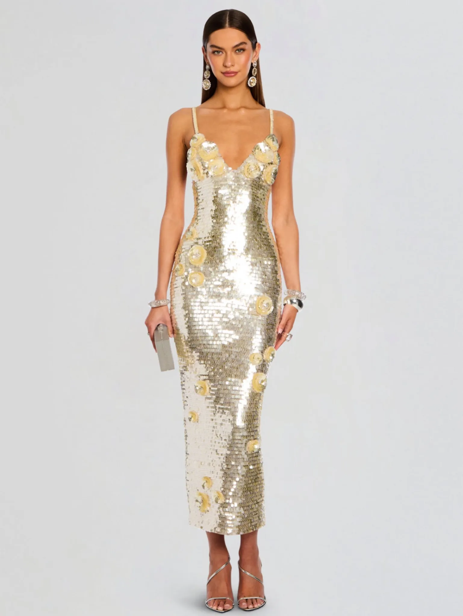 Retrofete Retrofete Ines butter yellow Sequin Midi Dress with Floral Appliqué